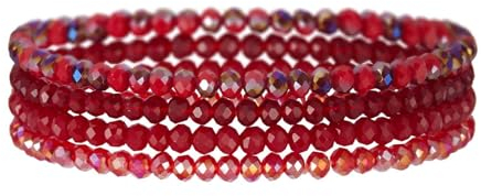 Damen Kristall Perlen Armband, Mehrschichtiges Steine Armband Boho Kristall Stein Perlen Armbänder Modeschmuck Geschenke für Frauen Mädchen (Rot)