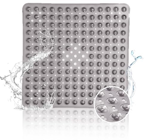 Tapis De Douche Antidérapant 53x53cm-100% sans BPA - Tapis De Douche Antidérapant avec Trous De Drainage pour éviter Les Moisissures Tapis De Douche Lavable en Machine (Grey)