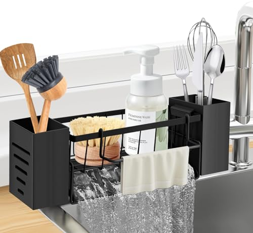 Vilomdur Organizzatore per Lavello da Cucina, Organizzatore Lavello Cucina con Sgocciolatoio Automatico e Porta Asciugamani, Supporto per Spugne Lavello Cucina per Spazzole, Panni e Sapone, Nero