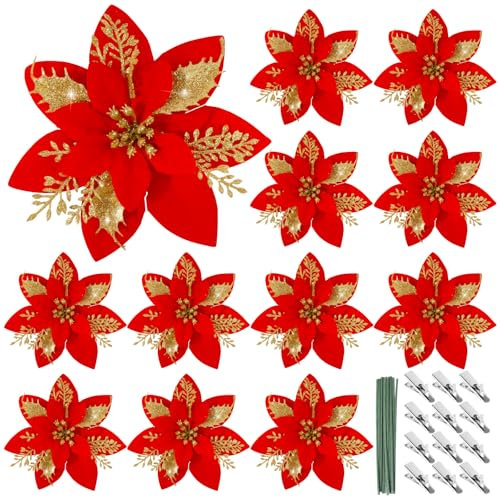 BOFUNX 12 x Glitter Christmas Flowers for Trees – Artificial Flowers Glitter Ornaments for Christmas Decoration, New Year, Wedding, Party