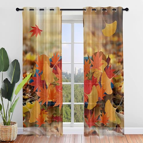 Surwin Gardinen mit Ösen, 2er Set Vorhänge, Herbst Ahornblätter Modern Transparent Vorhänge Wohnzimmer Polyester Gardinen Küche Fenster Wohnzimmer Schlafzimmer (Gefallene Blätter,140x160cm)