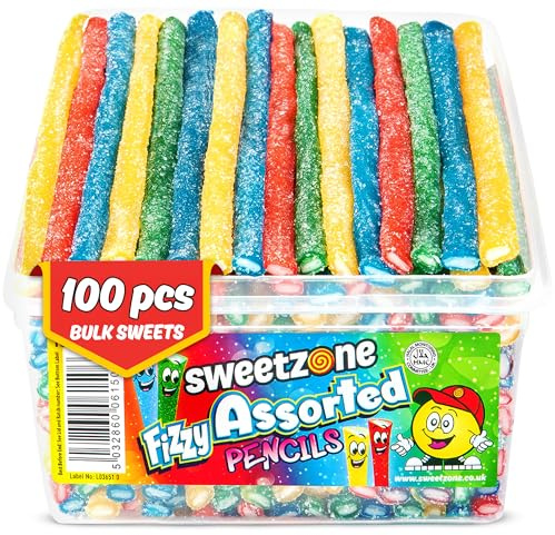 Sweetzone Fizzy Assorted Pencils Tub 100pcs | Fizzy assorted pencil sweets, Halal sour candy sticks, bulk tub, party pick and mix, colourful retro gummies