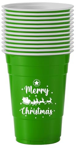 Komonee 12 x Christmas Green Cups 16oz 500ml Wide Rimmed Disposable American Xmas Party Cups USA Adult Novelty Plastic Glass Design 1