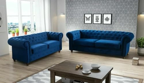 Easy4You Chesterfield Blauer Plüsch Velvet Set 3-Sitzer + 2-Sitzer Sofa Sofas für Wohnzimmer Sofagarnituren mit Holzfüße Set Sofas & Couches