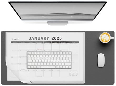 Aothia Schreibtischunterlage mit 18-Monats-Kalender 2025-2026, 80x40cm große Mauspad,Rutschfeste PU Leder schreibunterlage für Büro & Zuhause,Tiefes Grau