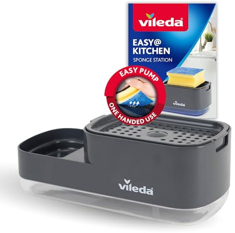 Vileda Dispensador de jabón para lavavajillas Pump con Soporte para Esponja. Práctica solución 2 en 1 para la Cocina. Dispensador de jabón Integrado para una fácil dosificación con una Sola Mano