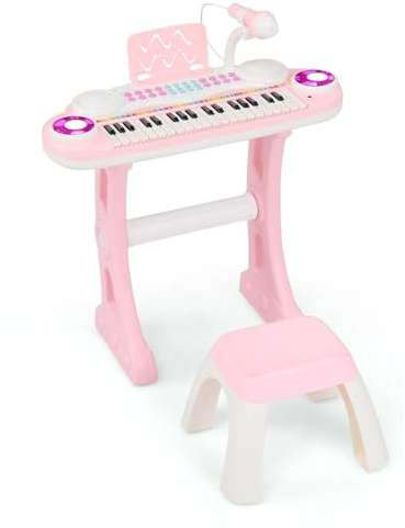 DREAMADE 37 Tasten Keyboard mit Licht, Mikrofon & Ständer, Kinderklavier mit 8 Tönen & 8 Rhythmen, Musikspielzeug Kinder ab 18 Monate (Pink + Weiß)