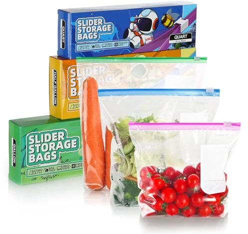 Tuocal 75 Pcs Zip Lock Bags, Freezer Bag 3 Sizes (4.55L, 2.27L, 1L) Reusable Food Storage Bags With Expandable Bottom, BPA Free Slider Ziplock Sandwich Bag for Fruit, Vegetables, Grains, Meat, Snacks