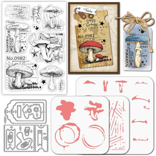 GLOBLELAND Pilze Stamps Stanzschablone für die Kartenherstellung Eintrittskarten Silikonstempel Stanzschablone Grunge Textur PET Malschablonen Für DIY Scrapbooking Bastelalben Zubehör