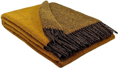 STTS International Wolldecke 100% Schurwolle Wohndecke in versch. Farben 140 x 200 cm Tagesdecke Schurwolldecke Woll-Plaid Tirol (Braun-Senf (Double face), 140 x 200 cm)