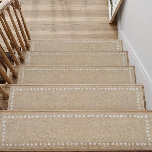 SIXHOME Beige 15Stück 76x20cm Treppenstufen Matten für den Innenbereich weiche Teppich Treppenstufenmatten Wiederverwendbarer Klebstoff Waschbarer Treppenläufer