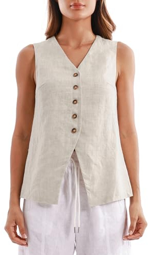 Amazhiyu Chaleco de traje para mujer, chaleco de lino para mujer, chaleco corto sin mangas, chaleco de lino elegante, cuello en V, abotonado hacia abajo, chaqueta vintage, lino, M