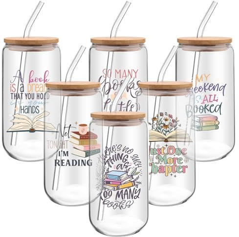 6 Pcs 16 oz Glass Cups with Lids Straws Iced Coffee Glass Tumbler Book Lover Gifts Library Reading Drinking Cups Reader Gift Book Club Appreciation Gifts for Teacher Employee Volunteer Librarian Nurse