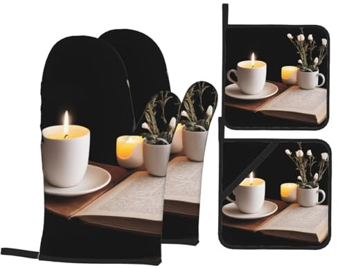 LLKGOT A Cup of Warm Tea Printing Oven Mitts Pot Holders Set of 4 for Kitchen Baking - Waterproof, Heat-Resistant, and Durable
