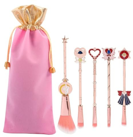 5 Stück Make-up Pinsel Set mit Beutel, Anime Kollektion für Foundation Blush Lidschatten Gesicht Eyeliner Kontur Puder Liquid Eye,Pinsels mit rosa Metall Material Beutel