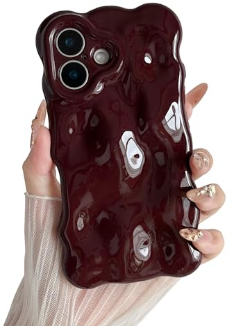 XIZYO Solid Color Wavy Bubble Case for iPhone 17, Wine Red | Cute Curly Wave Frame, Aesthetic Curvy Design, Full Camera Protection, Soft TPU Silicone,Shockproof Anti-Yellow,Girly Style
