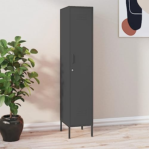 Hoopleep Schließfachschrank Anthrazit 35x46x180 cm Stahl, Moderner Lagerschrank mit 4 Einlegeböden, Stellfüßen, Schloss, für Büro, Speisekammer, Möbel