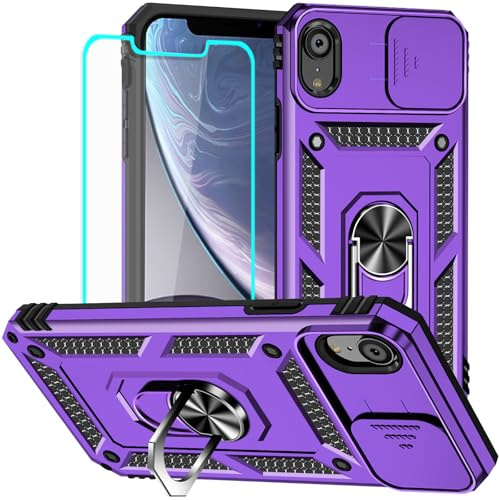Yiakeng for iPhone XR Case with Screen Protector: [Military Grade 20ft. Drop Tested] Slide Camera Cover Ring Shockproof Protective Phone Case for - iPhone XR (Purple)