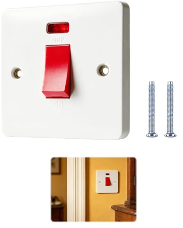 Cooker Switch,1 Pcs 45A Shower Switch,Single-Hole Double-Pole Cooker Socket,Single-Panel UK Double-Pole Single-Hole Light Switches,Rounded-Corner Design,Suitable Electric Ovens and Hobs,Wall-Mounted