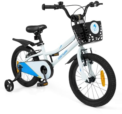 COSTWAY Kinderfahrrad 14/16 Zoll, Fahrrad mit verstellbarem Sattel & Lenker | Kinderrad mit Klingel, Korb, Schutzblech, V-Brake Bremsen & Stützrädern für 4-7 Jahren Jungen & Mädchen