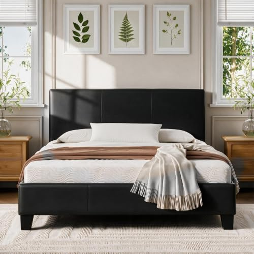 Comfy Living 4ft6 Double Faux Leather Bed Frame, Upholstered Headboard & Wooden Slat Support, Platform Metal Bed Base, Black