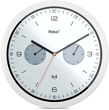 Mebus Radio Wall Clock with Thermometer and Hygrometer, White, 26 cm Durchmesser