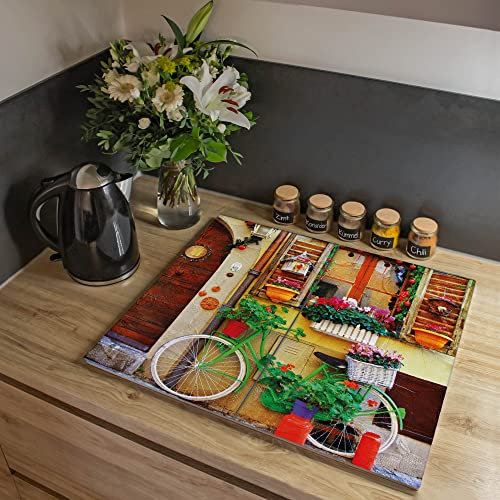 banjado Herdabdeckplatte Glas 2-teilig 60x52cm - Schneidebrett Herdabdeckung - Herdabdeckplatten Ceranfeld 2-teilig - Schneidebrett Glas - Motiv Grünes Fahrrad