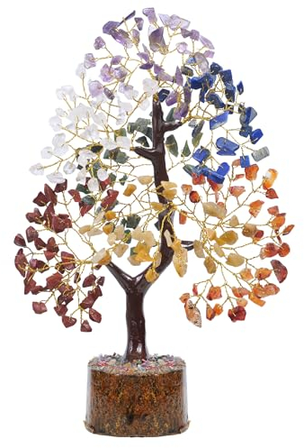 FASHIONZAADI Seven Chakra Gemstone Tree - Healing Crystal Money Trees Feng Shui Gift Handmade Reiki Crystals & Stone Home Office Table Décor Good Luck Throat Chakras Size 10-12 Inch (Golden Wire)