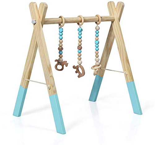 COSTWAY Portique d’Eveil, Arche de Jeux pour Bébé en Bois avec Jouets, Centre d'Activité Pliable, Cadeau de Naissance, 4 Couleurs Nature/Vert/Gris/Rose (Vert)