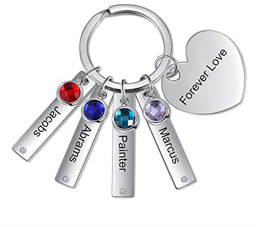 jewelora personnalisé 1/2/3/4/5 noms barre porte-clés coeur pendentif avec pierres de naissance famille porte-clés cadeau pour père mère couple mari femme amis femmes hommes (4 noms)