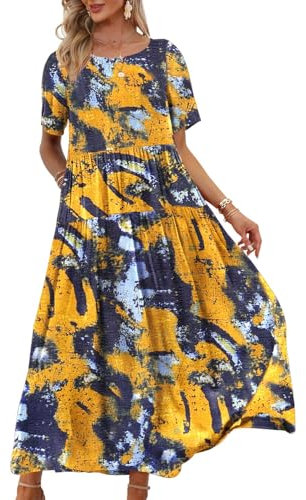 YESNO Women Dresses Casual Plus Size Bohemian Short Sleeve Floral Long Maxi Summer Beach Swing Dress/Pockets XL EJFUK CR141