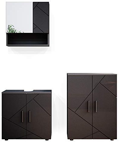 Vicco Badmöbel-Set Irma, Anthrazit Hochglanz, 3 Teile, mit Unterschrank 60 cm
