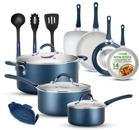 NutriChef, Stackable Pots and Pans Set - Ceramic Non Stick Pan Set, Induction Hob Cookware Set, Premium Cooking Set w/Lids, Heat Resistant, 14 Pcs, Blue