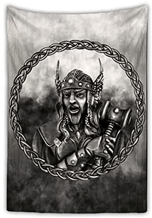 JJLLAZAD Thor's Hammer Decor Tapestries,Norse Viking Warrior Abstract Portrait Art Polyester Wall-Mounted Beach Blankets Gift,Thor Warrior,70x90 Inch