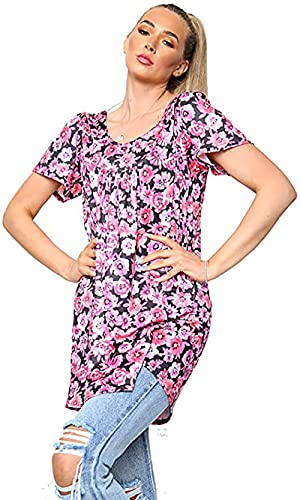 H&F Girls ® New Women Ladies Plus Size Short Sleeves Stretch Round Scoop Neckline Floral Print Long Smock Tunic T-Shirt Top Size UK 14 16 18 20 22-24 26-28