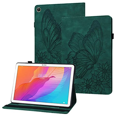 Rostsant Funda Huawei Matepad T10/T10s Carcasa de Cuero PU Relieve de Mariposa con Soporte para Bolígrafo Funda Tableta para Huawei Matepad T 10 9.7 Pulgada/Matepad T 10s 10.1 Pulgada - Verde Oscuro
