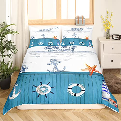 Nautique Bettbezug 3D Anker, Kompass, Bettwäsche, 220 x 240 cm, für Kinder, Bettwäsche, Motiv: Ozean, Bettbezug Seestern, Tropische Zweige, Dekoration, Schlafzimmer, Kollektion, 3 Stück