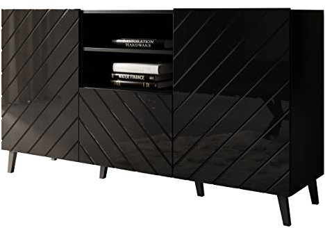 Mirjan24 Kommode Mukodi mit 2 Türen, Schublade und Fächer, Anrichte, Mehrzweckschrank, Highboard, Diele & Flur, Sideboard, Wohnzimmerschrank, Wohnzimmer Set (schwarz/schwarz Hochglanz)