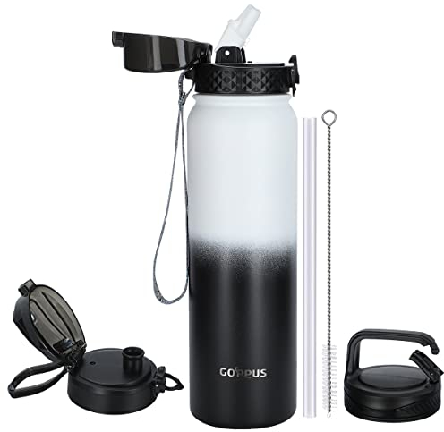 GOPPUS 1L/32oz Bouteille d'eau Acier Inoxydable avec Paille Bouteille d'eau Thermique Chaude à Double Paroi en Acier Bouteilles d'eau Isolées Bouteille d'eau Froide étanche Adulte avec 3 Couvercles