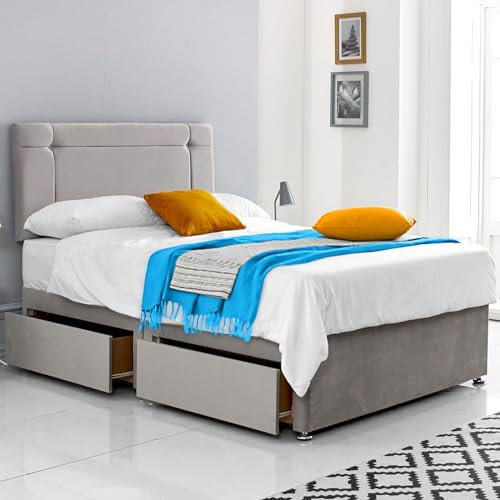 ComfoRest - 3FT Divan Bed with Mattress & 24 Headboard | Single Frame with 2 Storage Drawers | Stylish Set for Modern Bedrooms (Silver Plush)