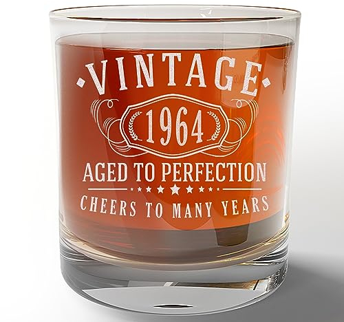 Vintage 1964 Etched 11oz Whiskey Glass - 61st Birthday Gifts for Men - Cheers to 61 years old - 61st birthday decorations for him - Best Engraved Bourbon Gift ideas for Men - Dad Grandpa 2.0
