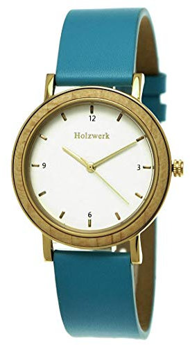 Holzwerk Germany Handgefertigte Designer Damen-Uhr Öko Natur Holz-Uhr Leder Armband-Uhr Analog Klassisch Quarz-Uhr Blau Türkis Gold Braun