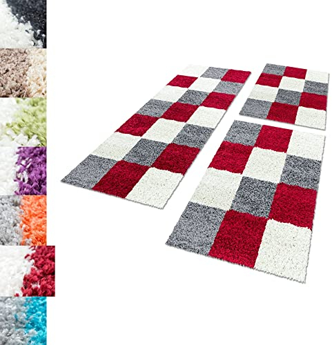 Carpettex Bettumrandung Schlafzimmer 3teilig Shaggy Teppich Hochflor Karo Muster Rot Bettset:2 mal 60x110 + 1 mal 80x250 - Bettvorleger Schlafzimmer Läuferset Flauschig Langflor Bettumrandung Teppich