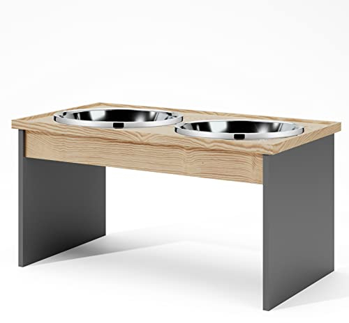 TUONKEE – Comedero Doble con Soporte Elevado, x2 Cuencos de Acero Inoxidable,en Madera Maciza de Pino, Altura 28 cm