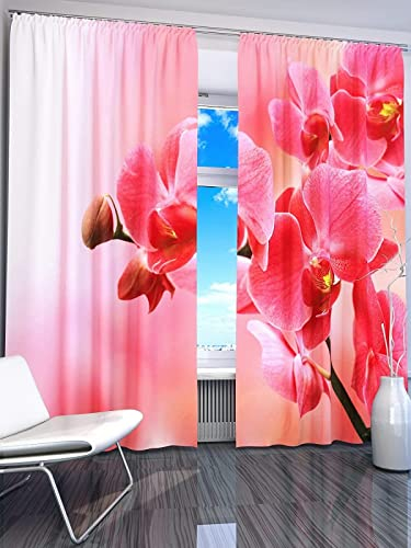 JOMAKE Gardinen Wohnzimmer Rosa, 3D Vorhänge Modern Verdunkelungsvorhänge 2er Set, Orchidee Vorhang Blickdicht mit Ösen Gardine Schlafzimmer Deko 2 x 75 x 166 cm（B X H）