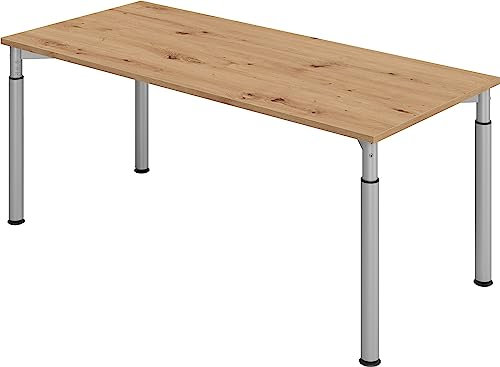 bümö höhenverstellbarer Schreibtisch 180x80 cm in Asteiche, Gestell Silber - PC Tisch höhenverstellbar & groß, höhenverstellbarer Tisch Büro, großer Computertisch verstellbar, Y-Serie