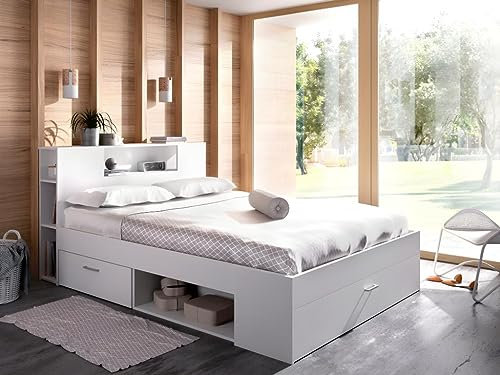 Vente-unique-Bett mit Kopfteil, Stauraum & Schubladen + Lattenrost - 160 x 200 cm - Weiß - Leandre