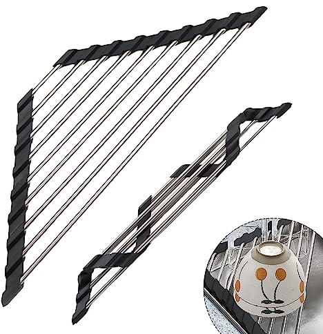 STOOKI Escurridor Enrollable Fregadero Escurridor Plegable De Cocina Escurridor De Fregadero Extensible Multifuncional Adecuado para Ahorrar Espacio En La Cocina Y El BañO (Negro)