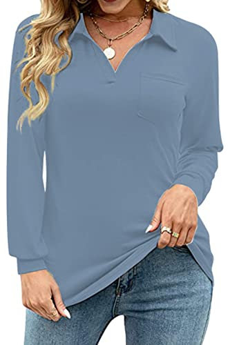 KINGFEN Women's Golf Polo Shirts V Neck Long Sleeve Fall Stretch Shirts Athletic Shirts with Pocket Blue Size 14