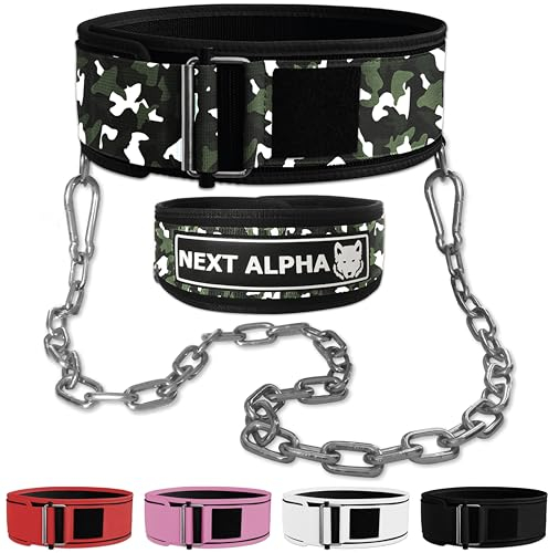 Next Alpha Gewichthebergürtel & Dip Gürtel-Kombination - Custom Weight Lifting Belt für Herren und Damen - Selbstverschluss- & Schnellverschlussschnalle - Mit Kette - Grüne Tarnung - Large